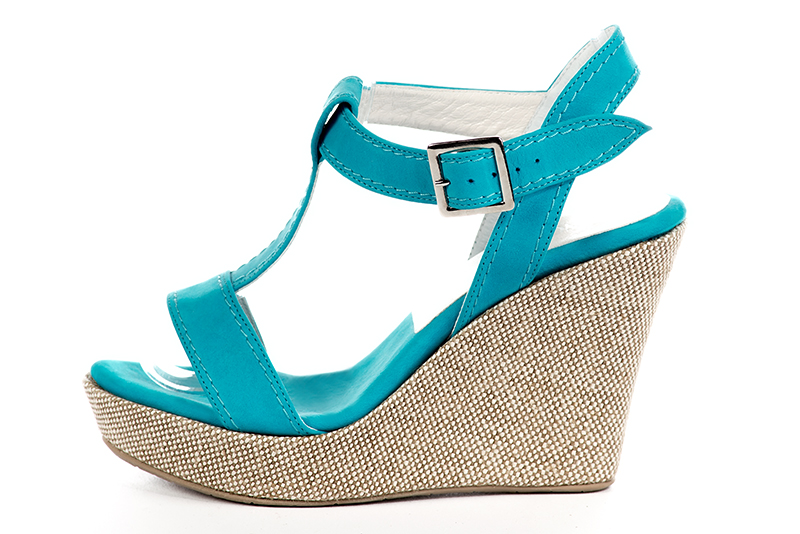 Turquoise blue women's fully open sandals, with an instep strap. Round toe. Very high wedge soles. Profile view - Florence KOOIJMAN